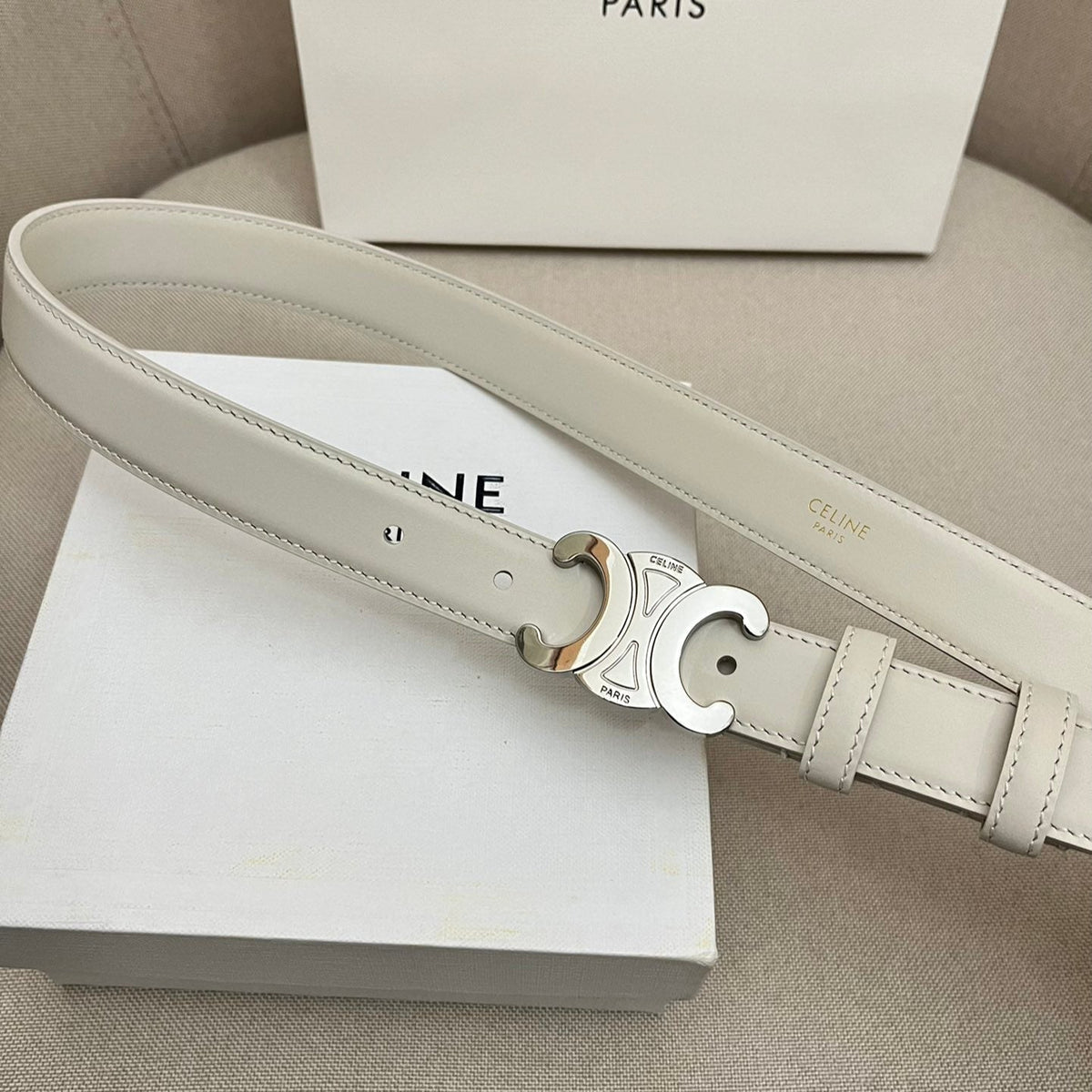 CELINE 25S TRIOMPHE 25MM BELT IN WHITE CALFSKIN SILVER HARDWARE