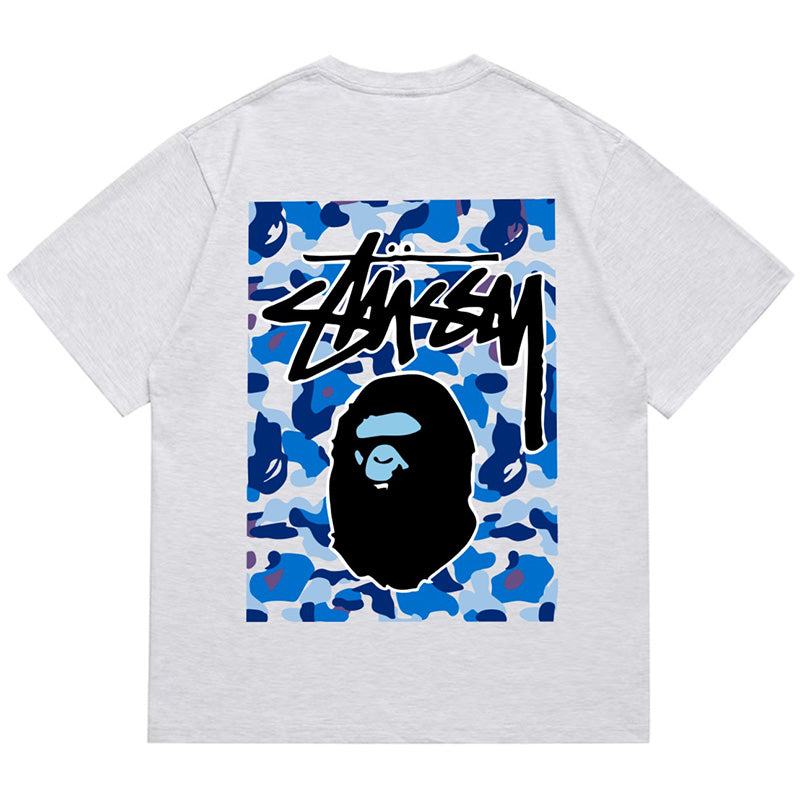 BAPE x Stussy Blue Camo Back Print Men's T-Shirt - Red