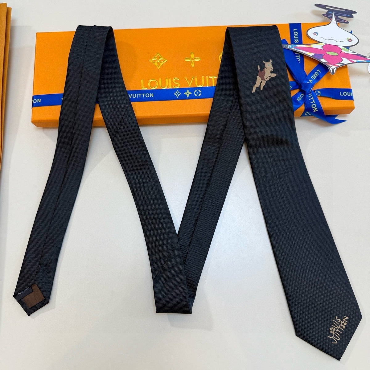 Louis Vuitton Style Men's Embroidered Logo Silk Tie