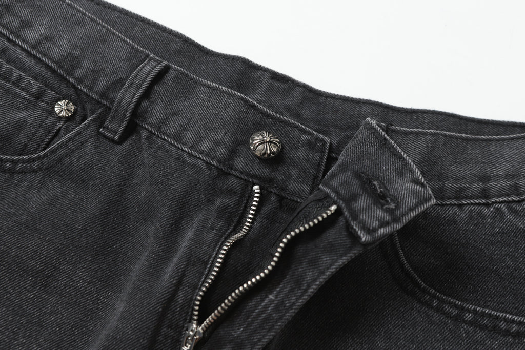 Chrome Hearts White & Black Leather Cross Patches Jeans