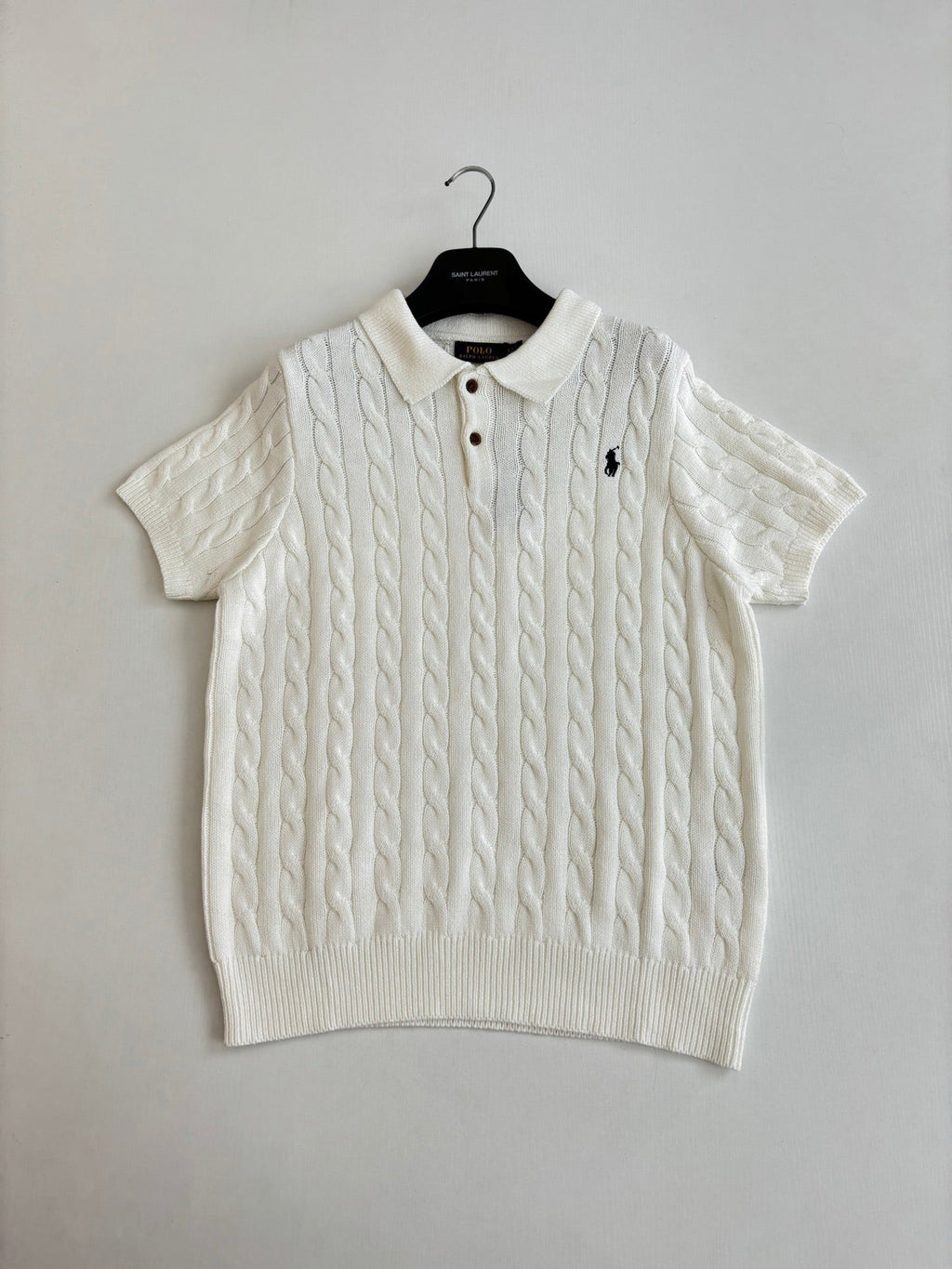 Ralph Lauren Men's Cable‑Knit Short‑Sleeve Polo Shirt With Black Pony Logo