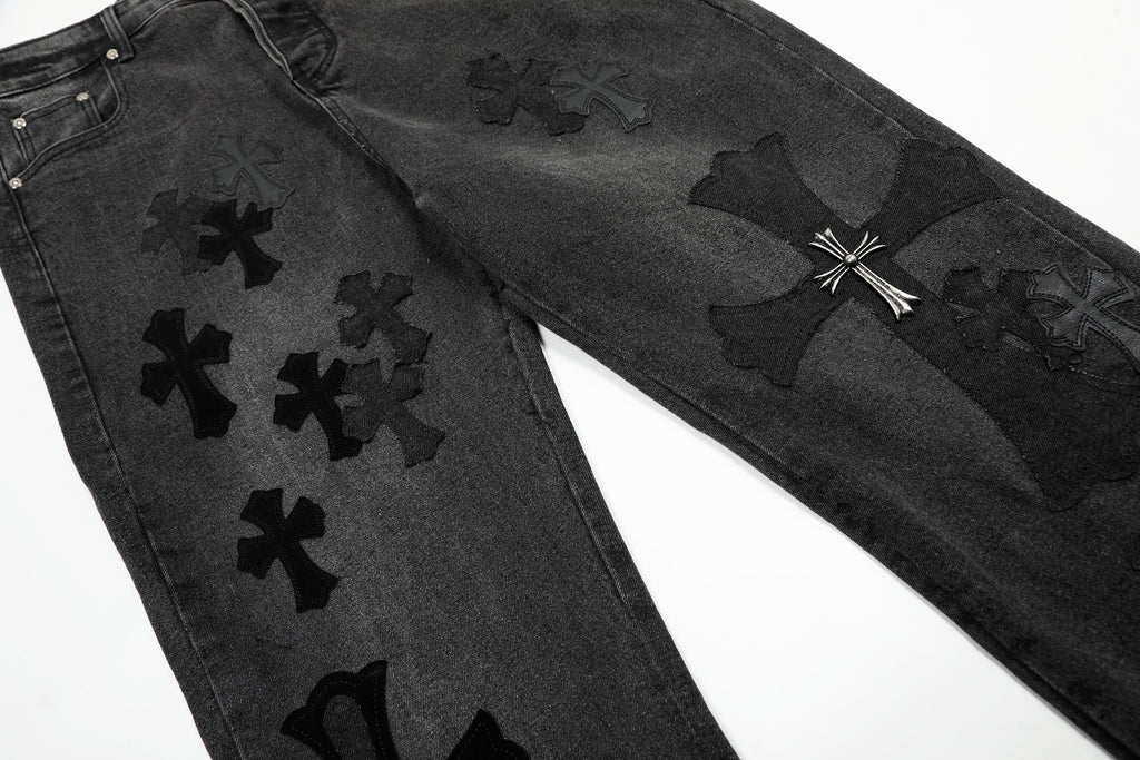 Chrome Hearts Black & Grey Silver Cross Patch Jeans