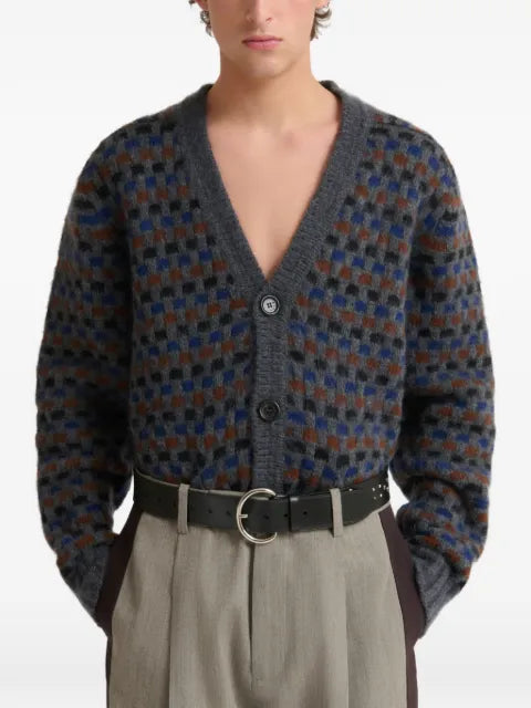Marni gray and blue Shetland wool jacquard cardigan