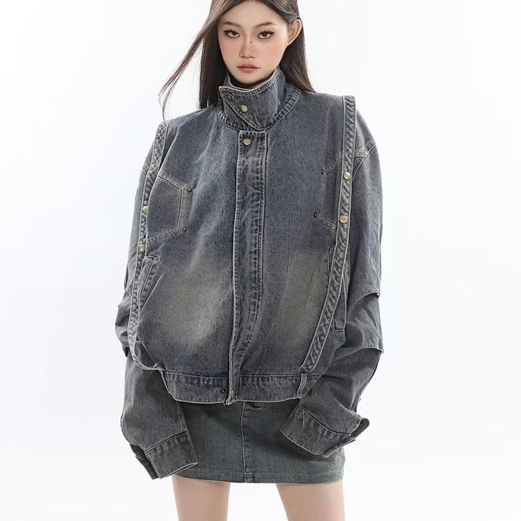Y2K Vintage Washed Spliced Denim Zip‑Up Jacket Streetwear Unisex