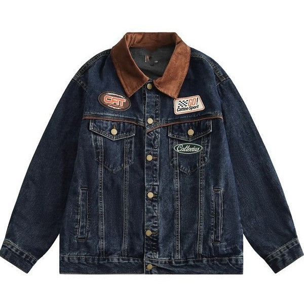 Y2K Vintage Washed Spliced Denim Zip‑Up Jacket Streetwear Unisex