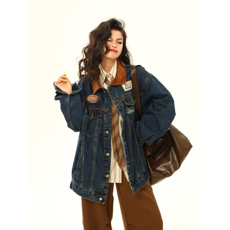 Y2K Vintage Washed Spliced Denim Zip‑Up Jacket Streetwear Unisex