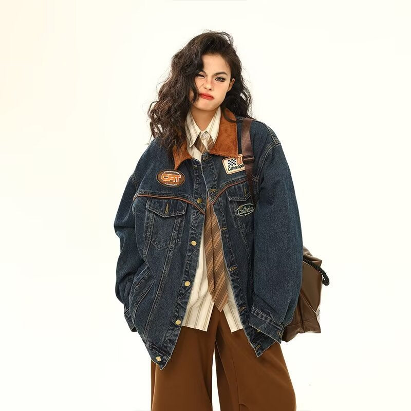 Y2K Vintage Washed Spliced Denim Zip‑Up Jacket Streetwear Unisex