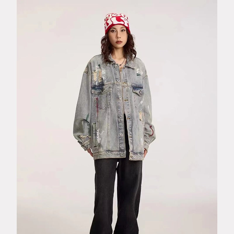 Y2K Vintage Washed Spliced Denim Zip‑Up Jacket Streetwear Unisex