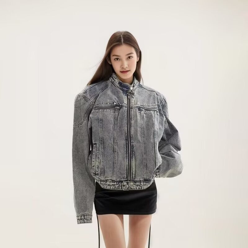 Y2K Vintage Washed Spliced Denim Zip‑Up Jacket Streetwear Unisex