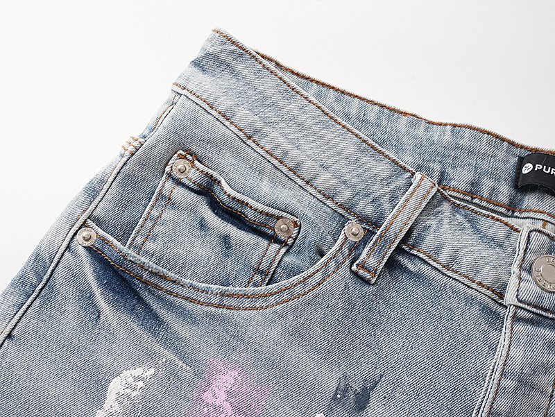Purple Brand Light Blue Paint-Splatter Denim Shorts