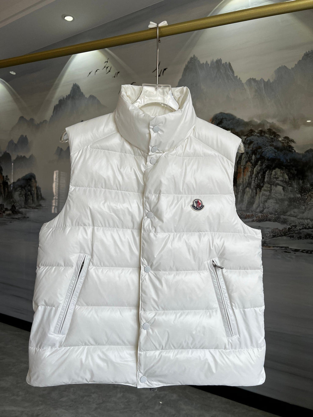 Moncler White Quilted Puffer Vest with Stand Collar