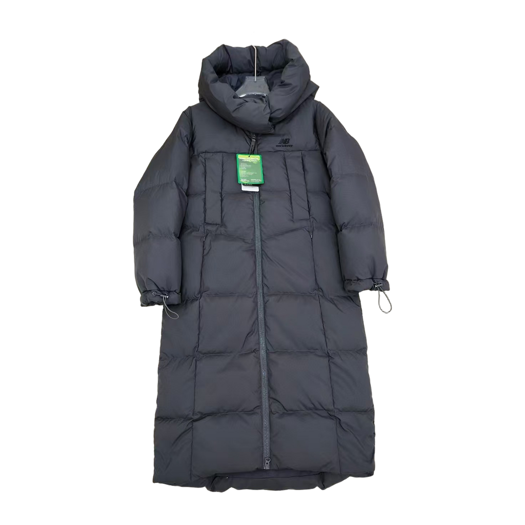 New Balance Hooded Long Puffer Coat – Black | Full-Length Athletic Winter Coat