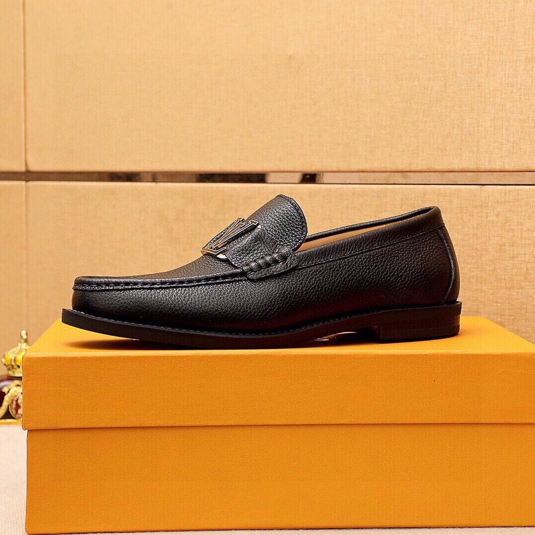 Louis Vuitton Black Pebbled Loafers - Monogram Detail
