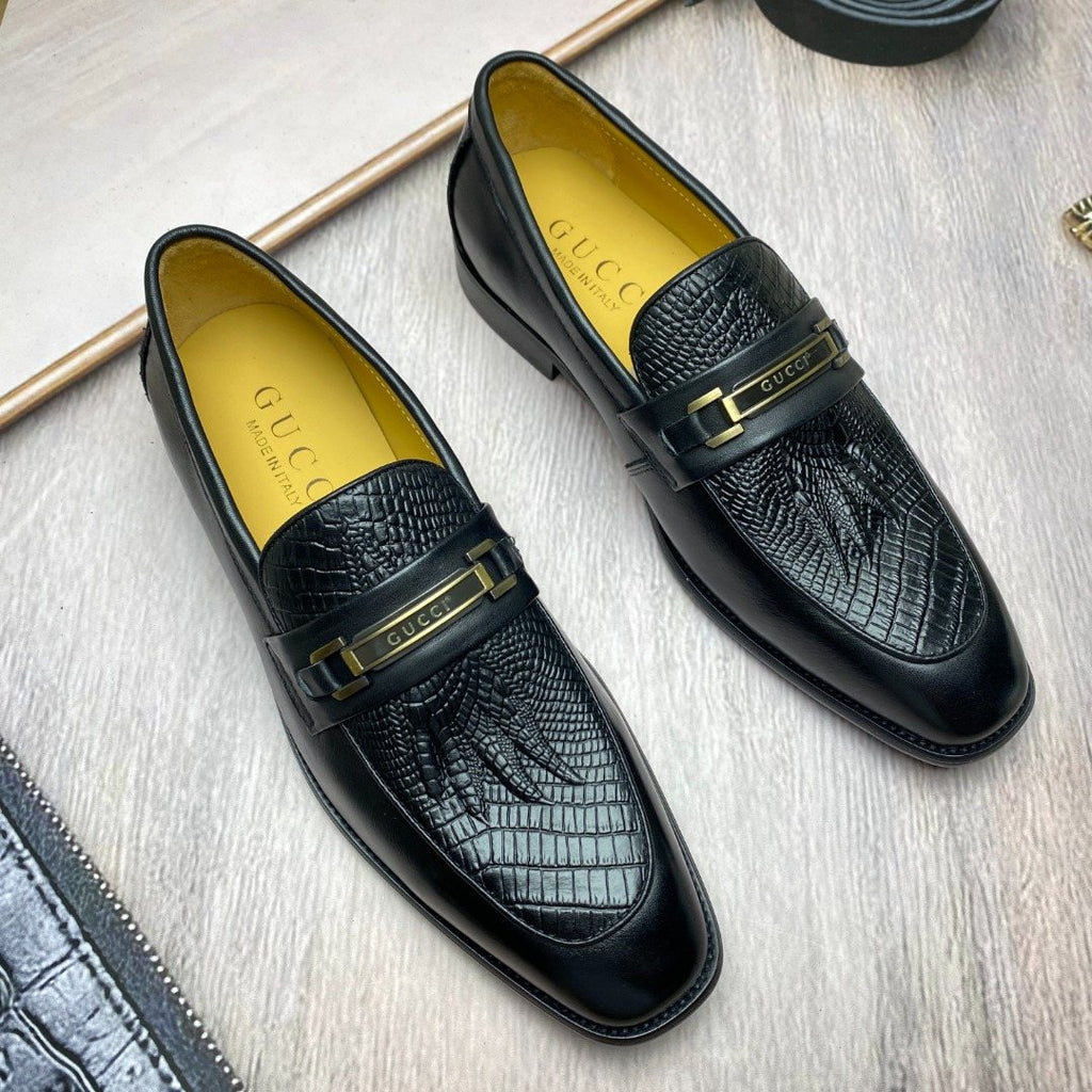 Gucci Black Textured Leather Slip-On Shoes