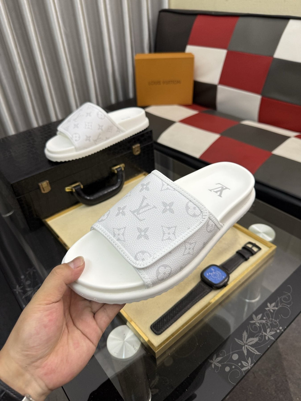 Louis Vuitton Light Gray Monogram Slide Sandals