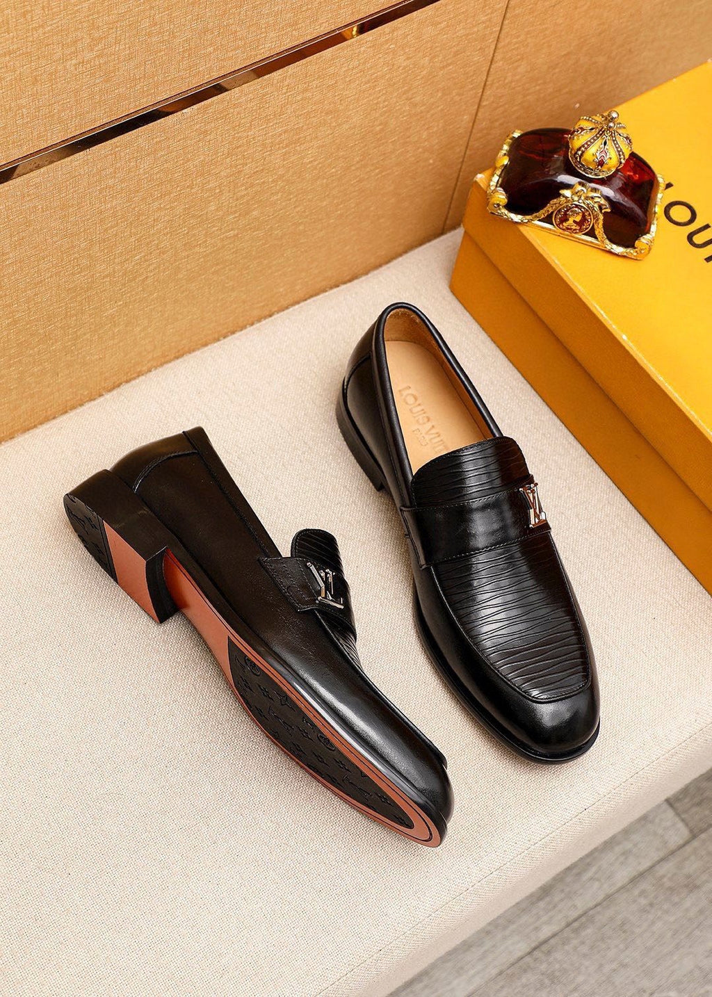Louis Vuitton Black Textured Loafers - Metal Vamp Detail