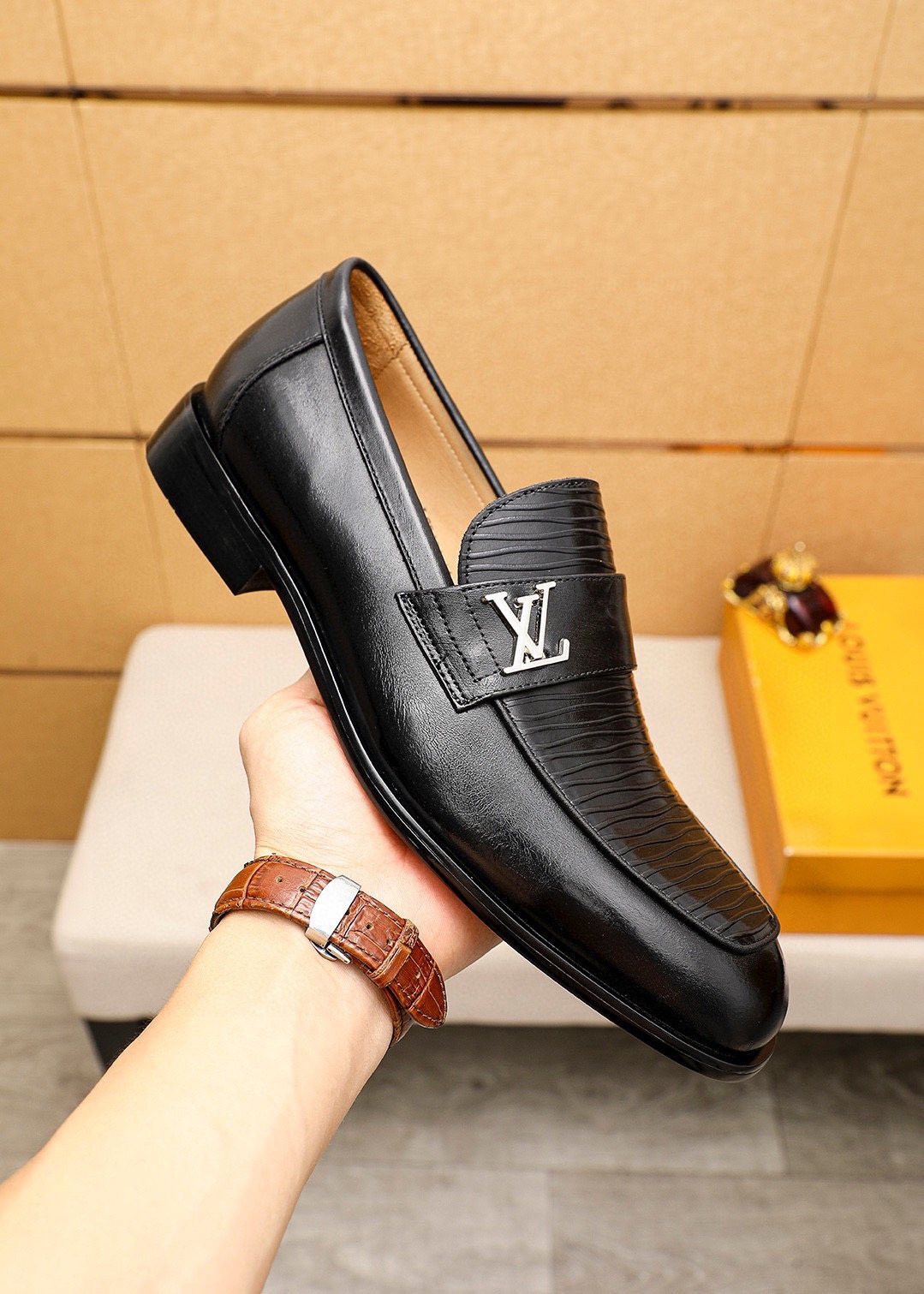 Louis Vuitton Black Textured Loafers - Metal Vamp Detail