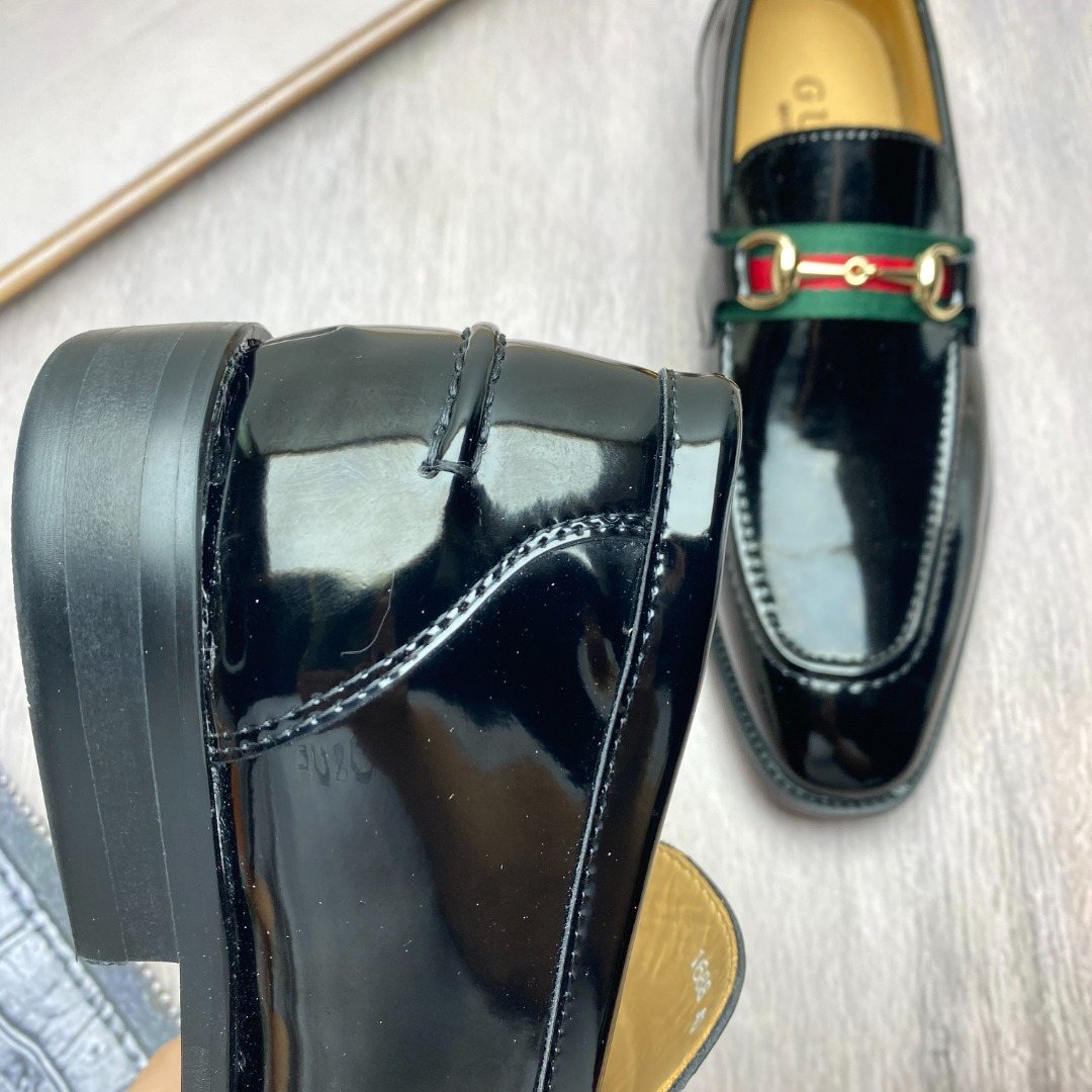 Gucci Black Patent Web Stripe Loafers