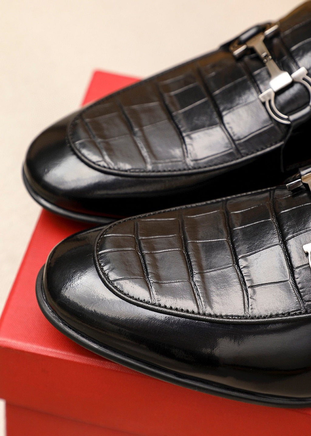 Ferragamo Black Embossed Buckle Loafers - Metal-Tone Vamp Buckle