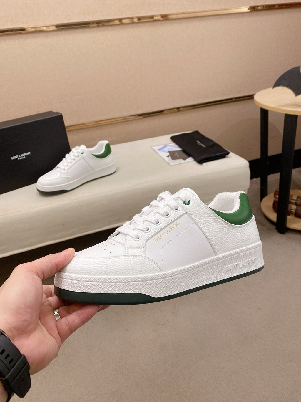 Saint Laurent White and Green Low-Top Sneakers