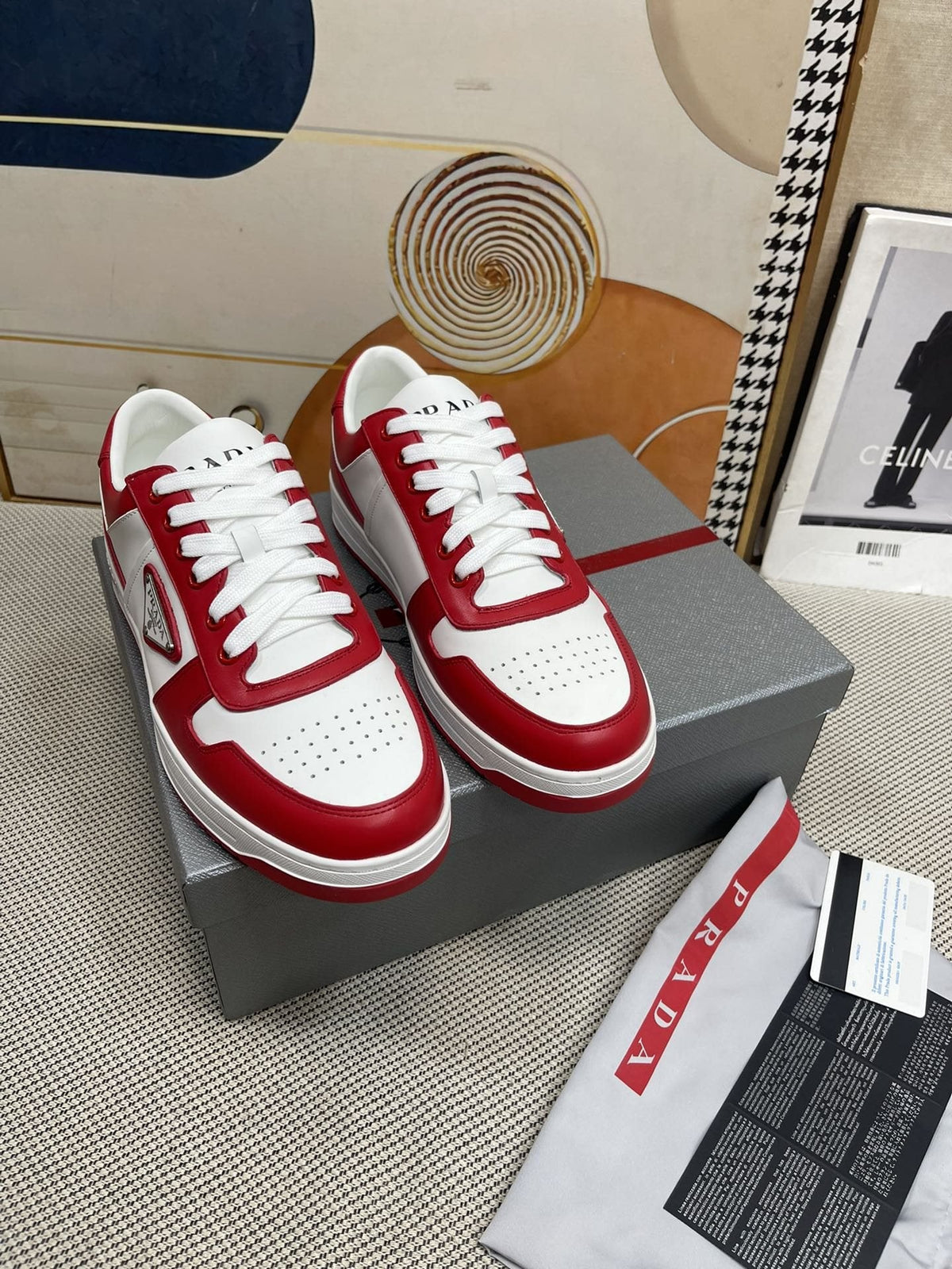 Prada Red and White Low-Top Sneakers