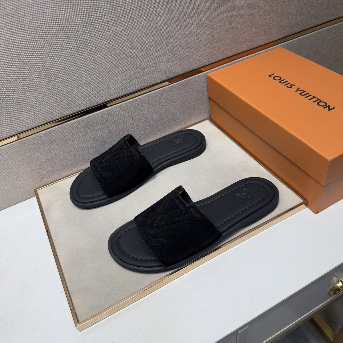 Louis Vuitton Men's Black Logo Slide Sandals - Contoured Footbed