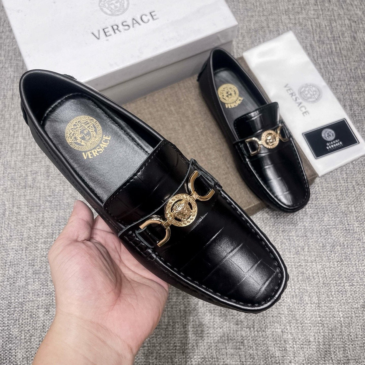 Versace Men's Black Gold-Tone Hardware Loafers - Stitched Toe Detail