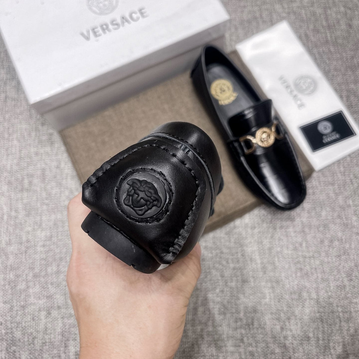 Versace Men's Black Gold-Tone Hardware Loafers - Stitched Toe Detail