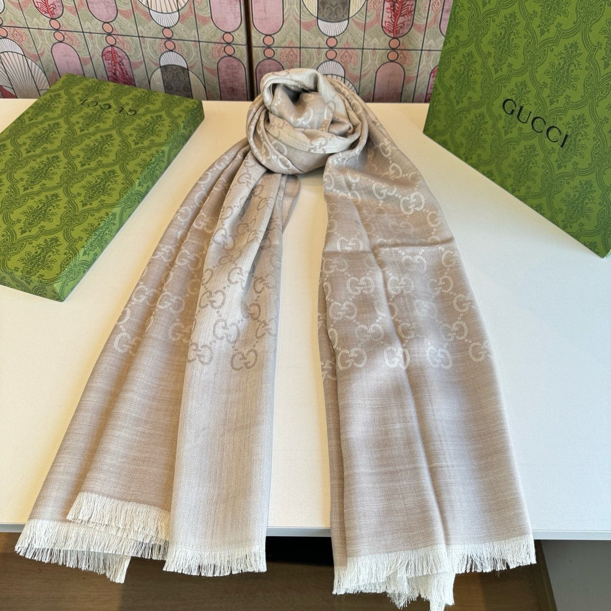 Gucci Reversible Monogram Fringe Scarf