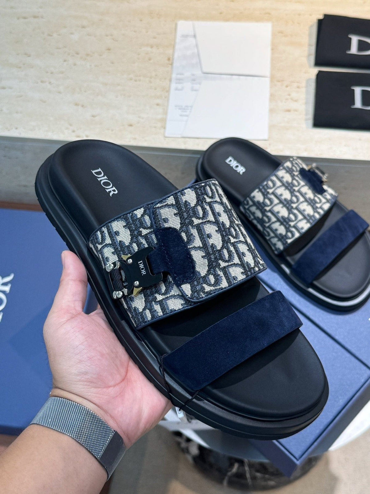 Dior Men's Aqua Monogram Slide Sandals