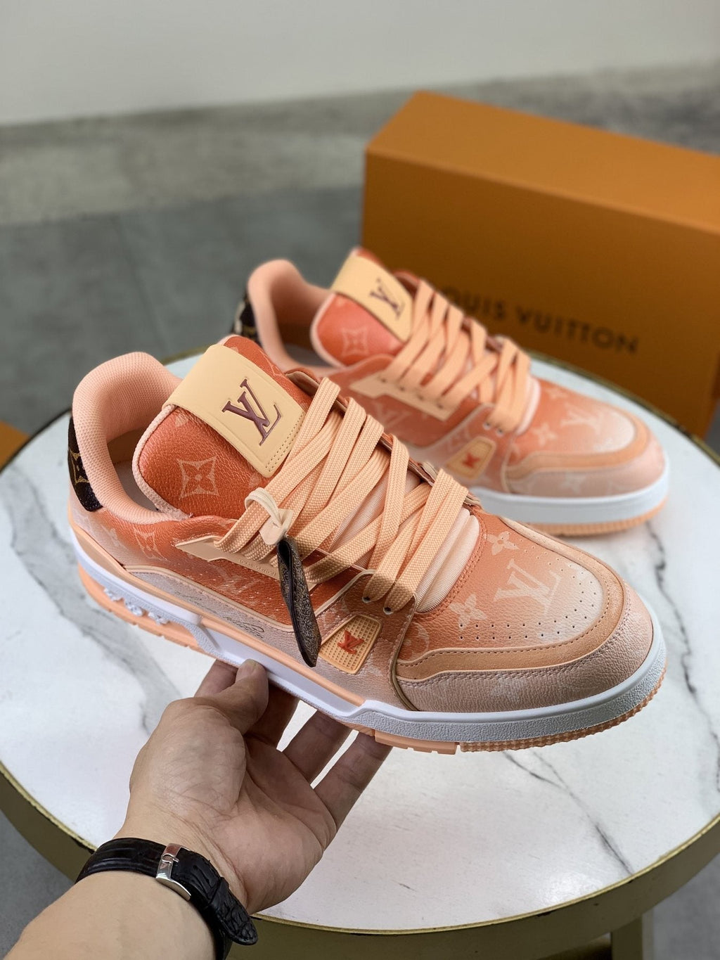 Louis Vuitton Peach Pink Monogram Low-Top Sneakers - Peach Pink and White