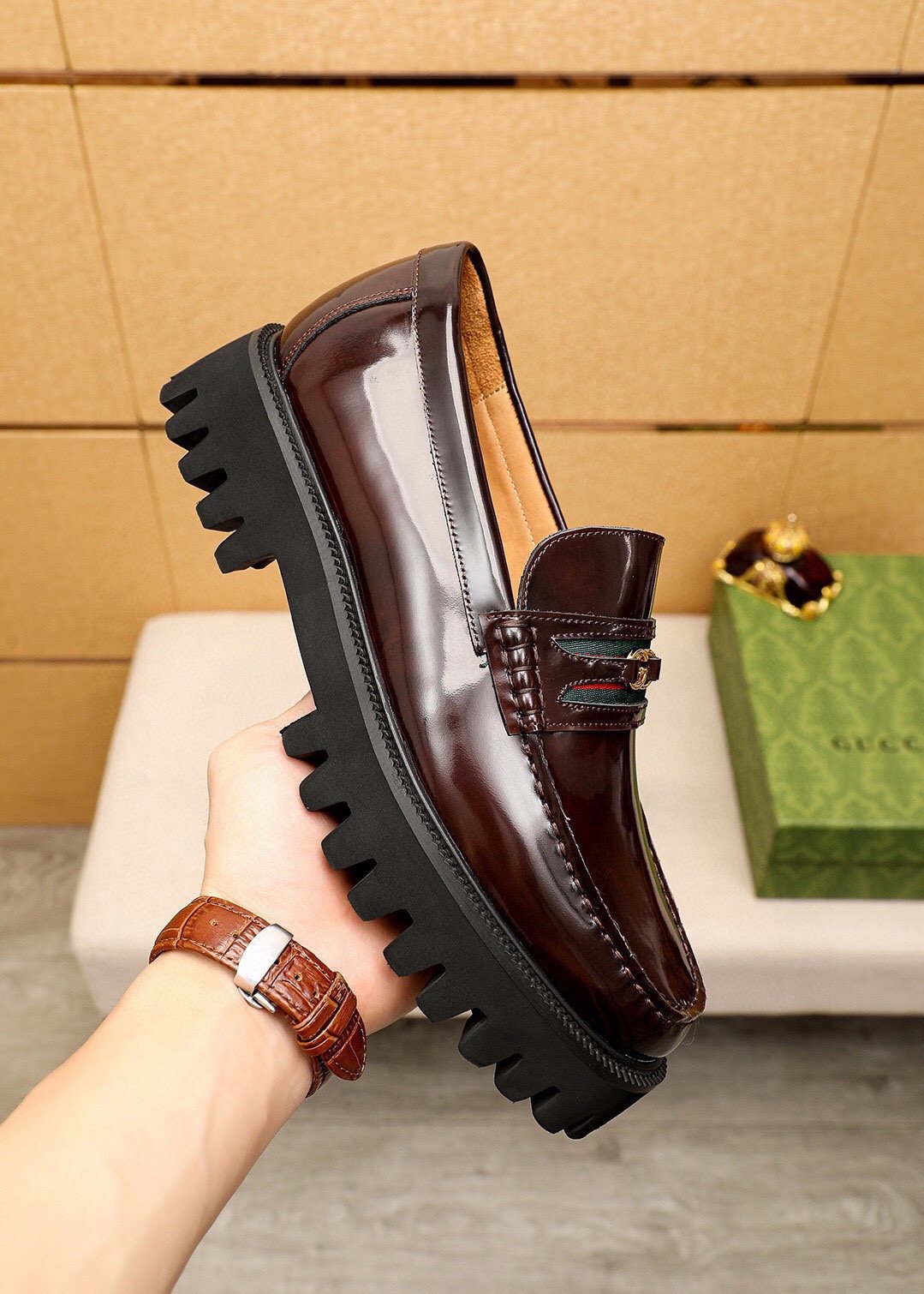 Gucci Striped Vamp Lug Sole Loafers
