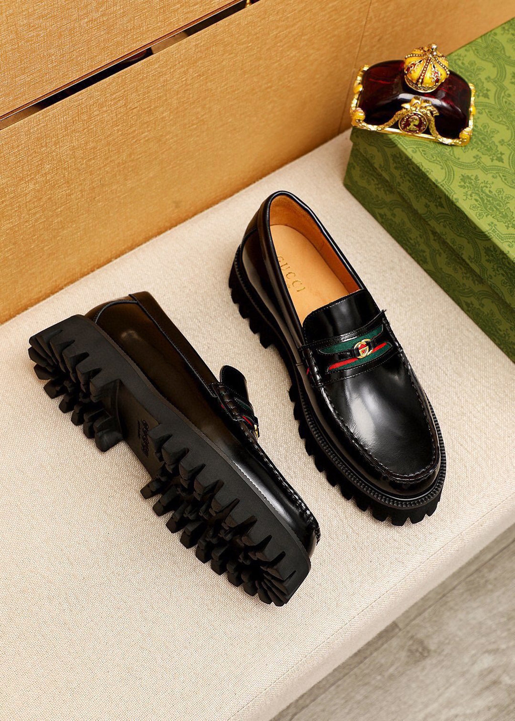 Gucci Striped Vamp Lug Sole Loafers