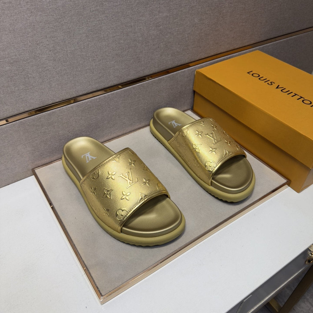 Louis Vuitton Embossed Metallic Slide Sandals