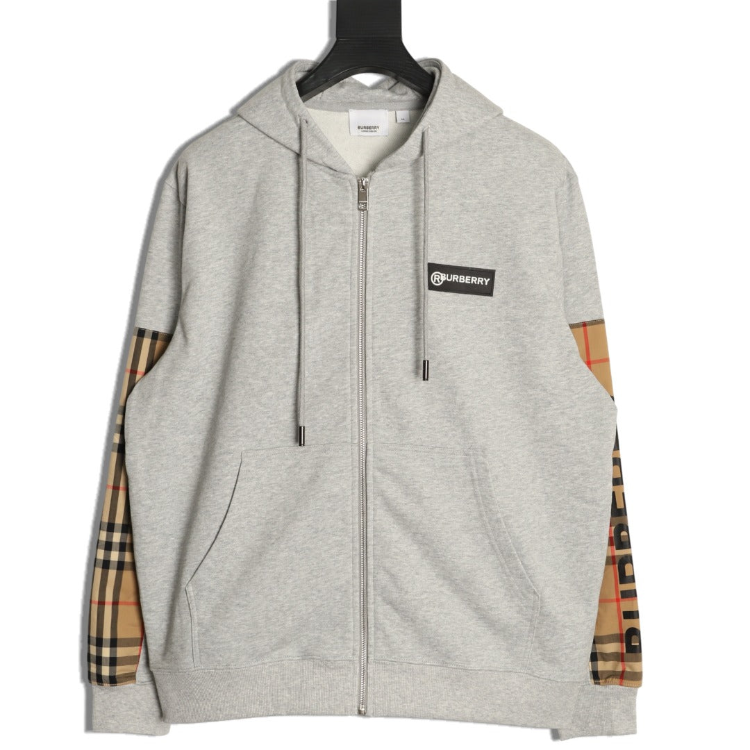 Burberry Logo-Detail Check-Panel Hooded Zip Jacket - Light Gray