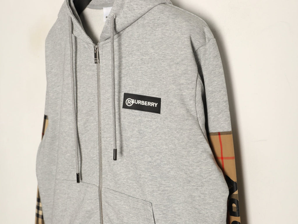 Burberry Logo-Detail Check-Panel Hooded Zip Jacket - Light Gray