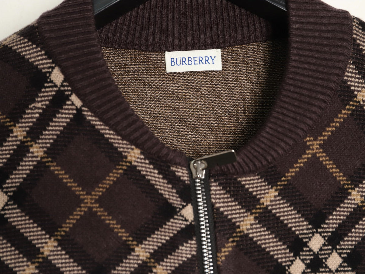 Burberry Diagonal-Check Zip Knit Cardigan - Dark Brown